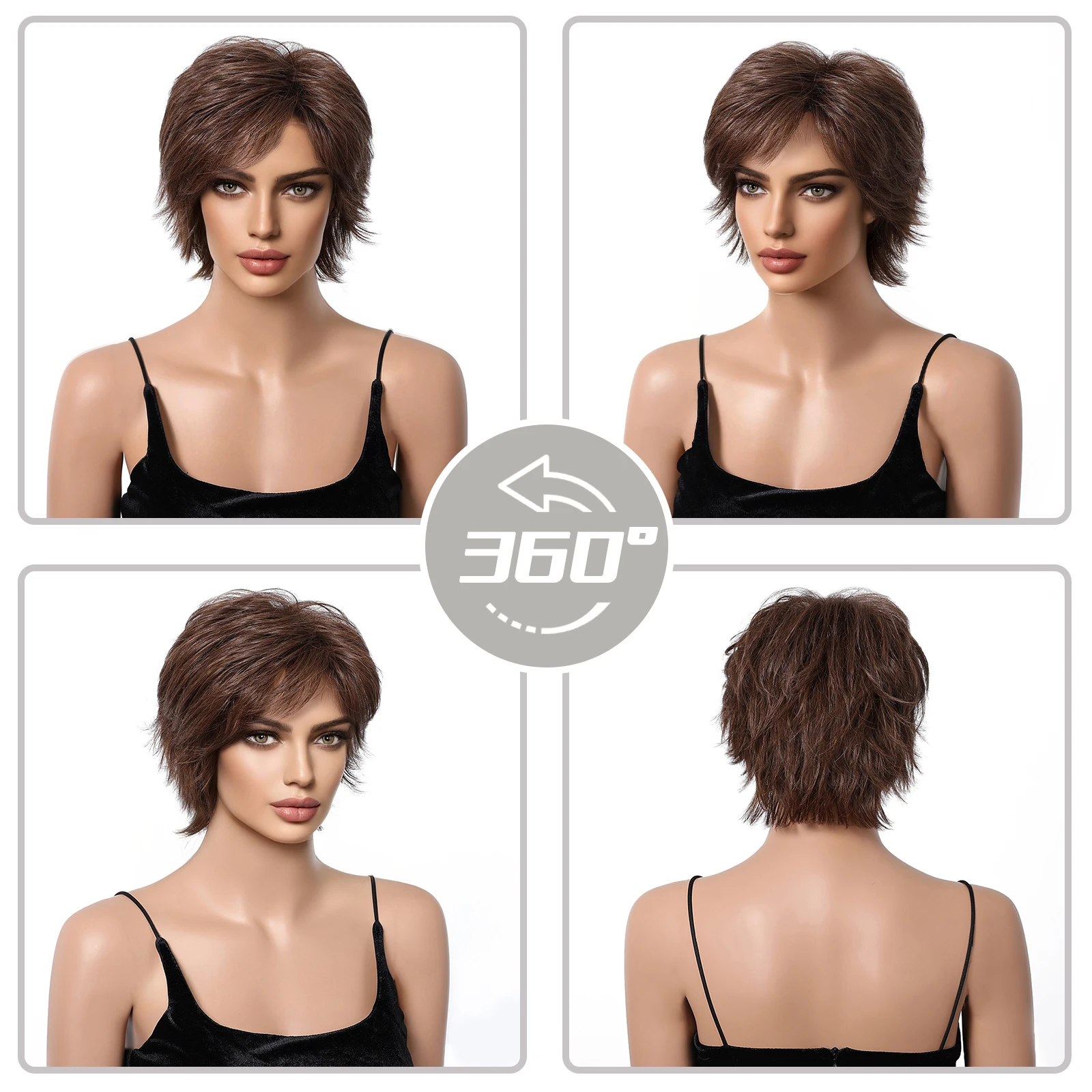 Short Pixie Cut Human Hair Blend Wigs For Women Chestnut Brown Layered Wavy Bob Blend Human Hair Wigs With Bangs Women Daily Wig