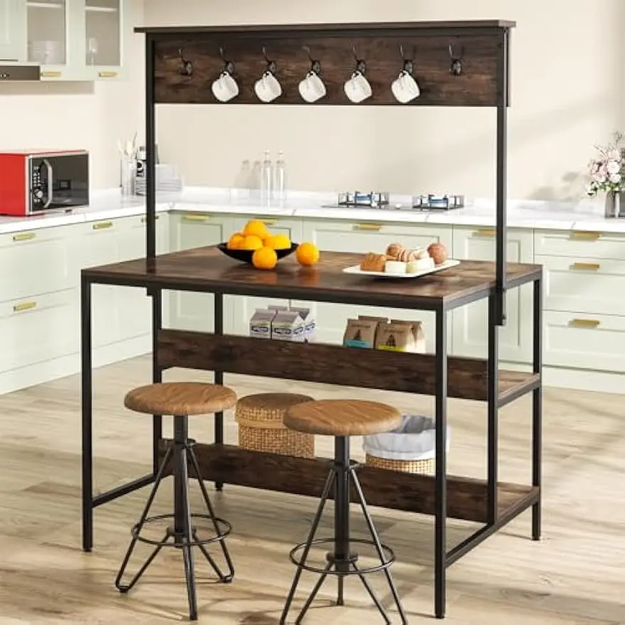 Kitchen Island Table with Storage Shelves and Hutch, 3 Tiers Coffee Bar Rack with and 14 Hooks, Dining