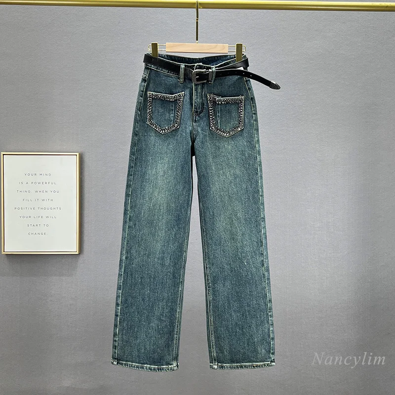 Wide Leg Jeans Blue Women X-long Trousers Autumn Pants 2023 New High Waist Slimming Loose European Street Diamond Pockets Jeans