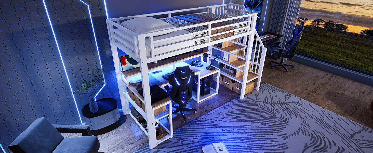 Hochbett, 90 x 200 cm, Eisenrahmen, Stauraum, Treppe mit Stauraum, Sicherheitsgeländer, mit LED-Lichtleiste, Schreibtisch – Detail 22