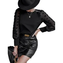 

Chiffon Shirts Women's Clothing 2021 Autumn Office Lady Long Sleeve Pullovers Mesh Polka Dot Patchwork Vintage Elegant Blouse