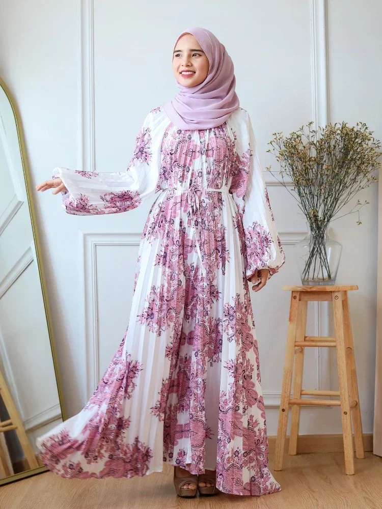 Hijab Muslim Dress Print Pleated Lantern Sleeve Loose Abaya Dubai Casual African Dresses for Women Robe Femme Musulmane Vestidos