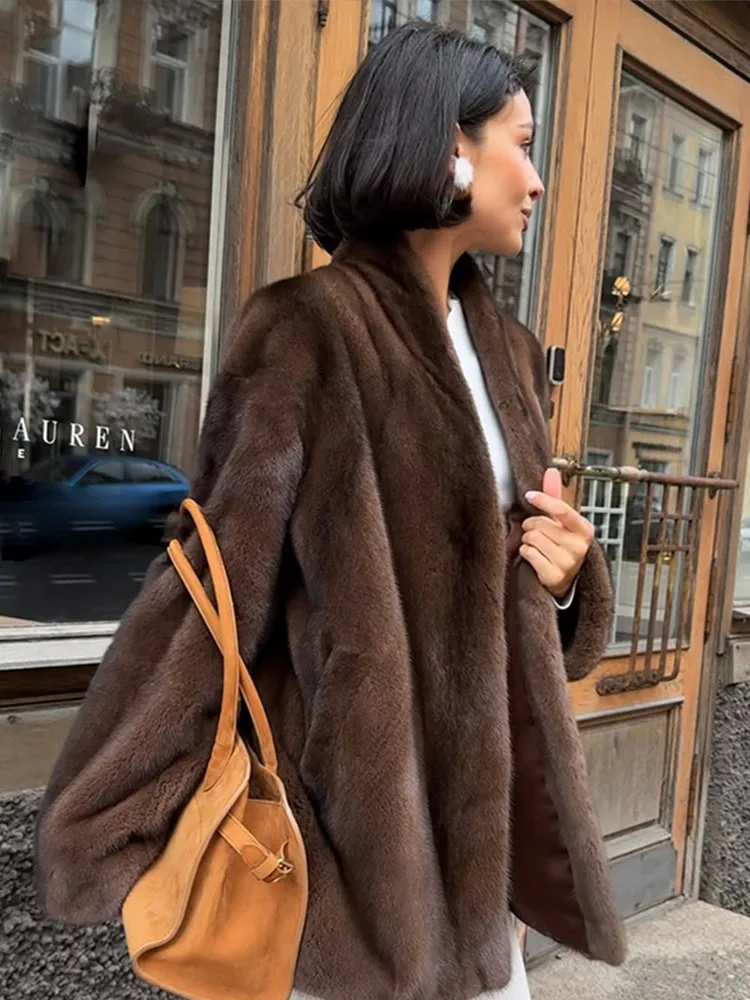 Elegant Lace Up Faux Fur Coat Women Fashion V-neck Long Sleeve Loose Plush Jacket 2025 Winter Lady Warm Daily Commute Outwear 3