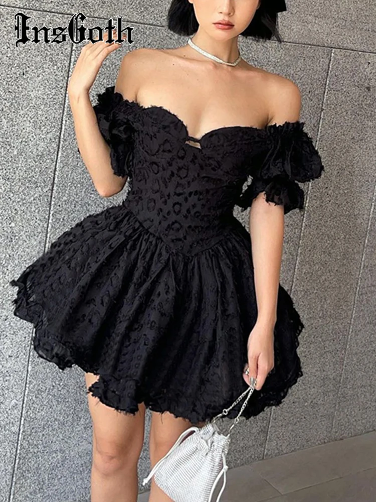 

InsGoth Gothic Lolita Dress Womens Summer Vintage High Waist Black Ball Gown Goth Aesthetic Puff Sleeve V-neck Corset Mini Dress