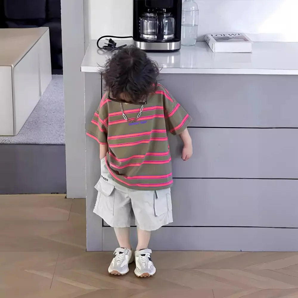 

Children Clothing Kids Casual Striped Printed T-shirt Boys 2024 Summer Short-sleeved Comfortable Fashionable Kids Simple Top