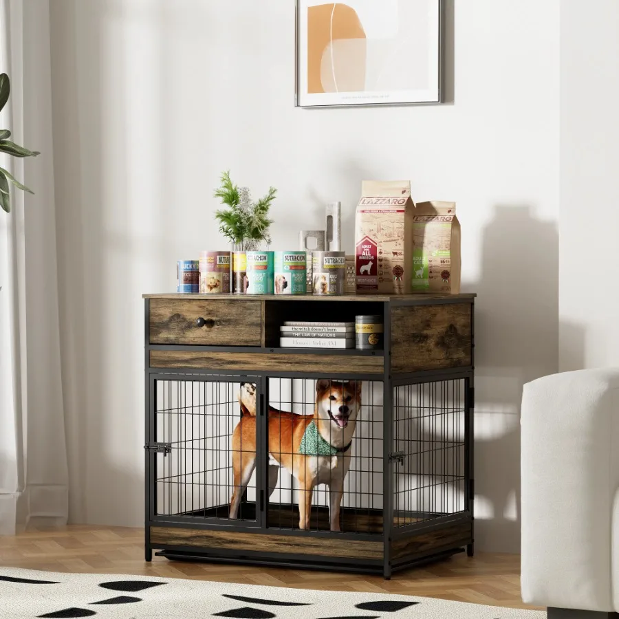 Dog Crate Rustic Brown 31.5Wx22.64Dx30.59H Double Doors Furniture Cage