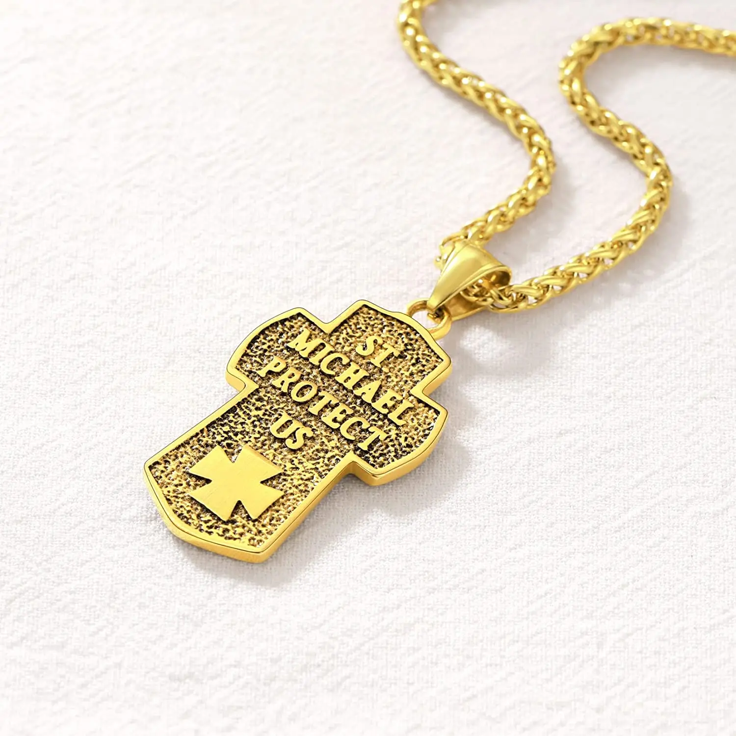 U7 Saint Michael The Archangel Necklace Stainless Steel Gold Color Catholic Amulet Gift St. Michael Cross Pendant for Men Women