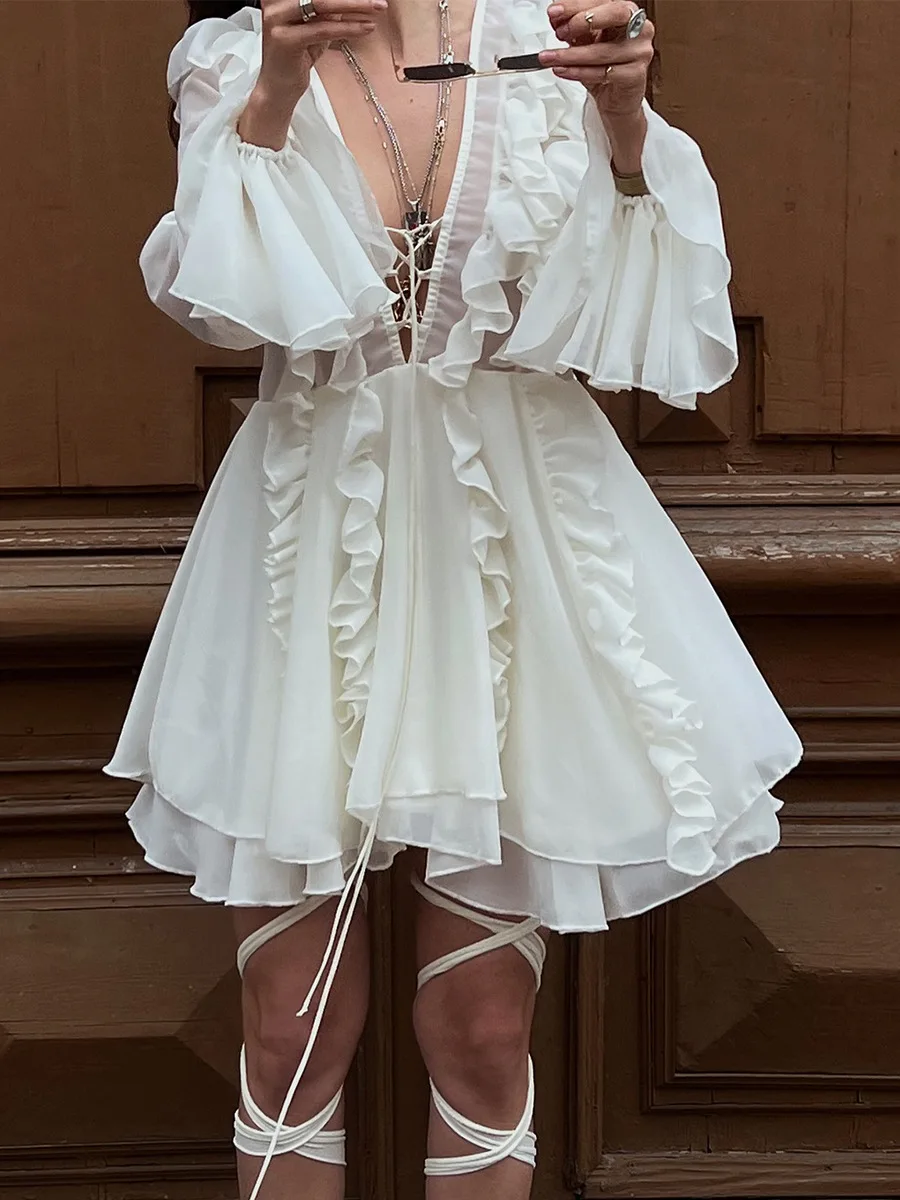 Bronladies Women's 2026 Summer New Ruffled Long Sleeve Dress Fashion V Neck Chiffon Lace-up Mini Dress