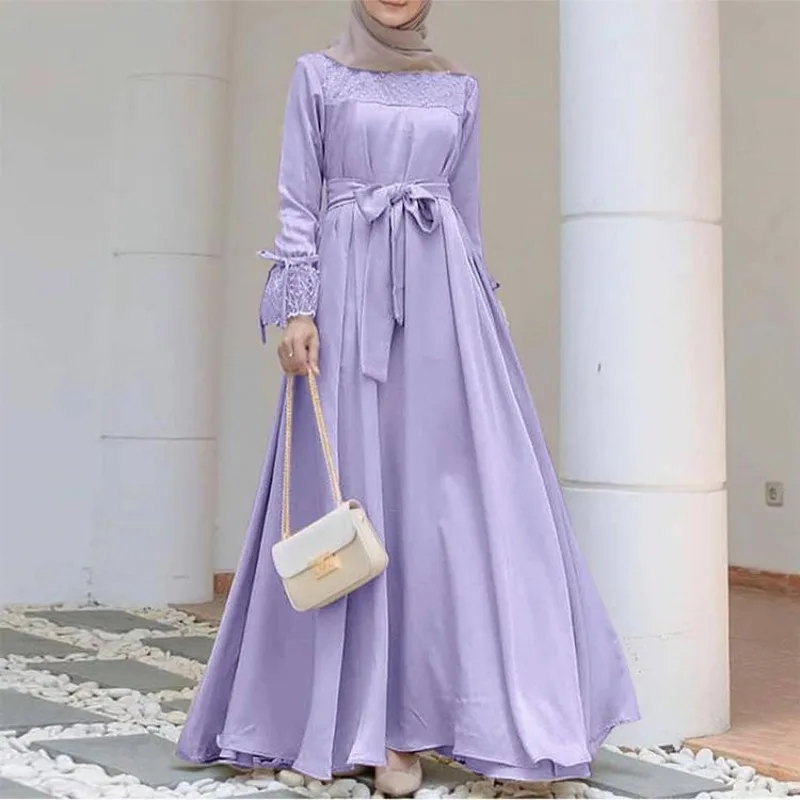 

Wepbel Y2K Solid Color Women Dress O-neck Long Sleeve High Waist Maxi Party Dress Slim Fits Lace Big Swing Office Lady Dress