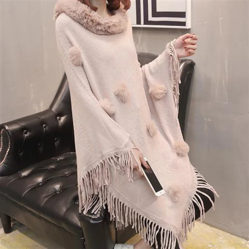 

Autumn Winter Imitation Rabbit Fur Ball Women's Coat Imitation Wool Collar Pullover Shawl Warmth Poncho Capes Pink Cloaks