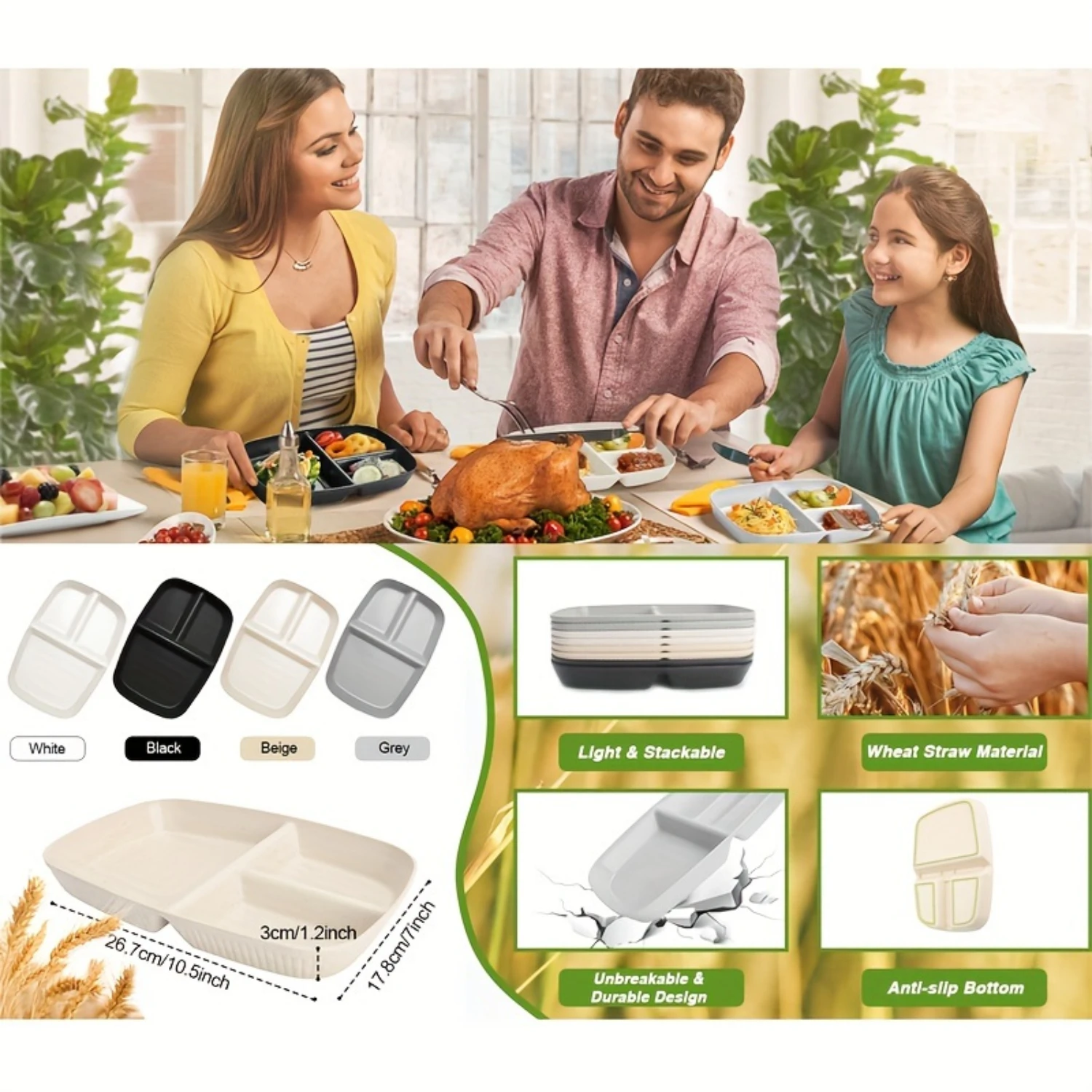 Food Grade Wheat Straw & BPA Free PP Divided Plates with 3 Deep Sections for Adult Meals Perfect for Salads, Pasta, and More