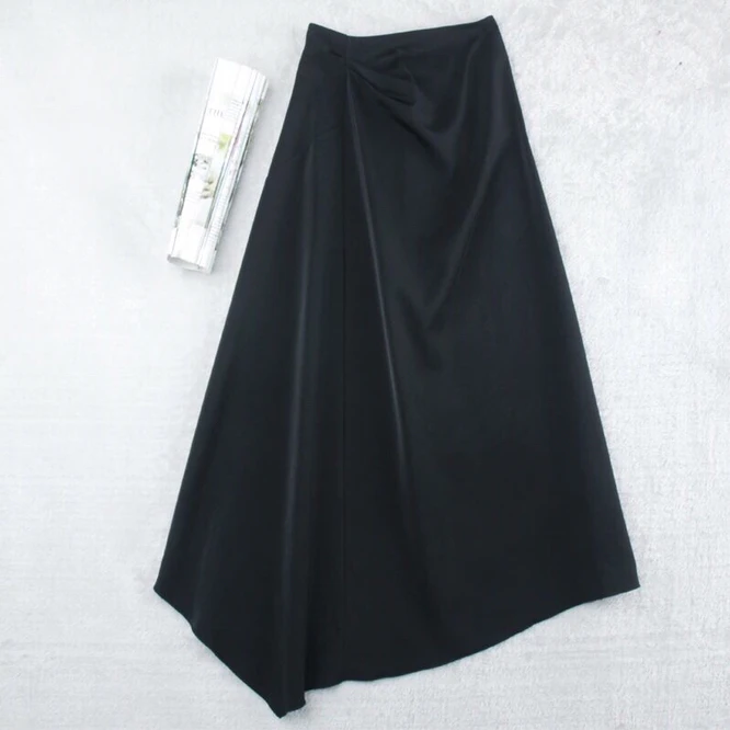 

Spring Summer 2022 Midi Skirts Women England Office Lady Satin High Waist Simple Elegant Long Irregular Skirt Women Black
