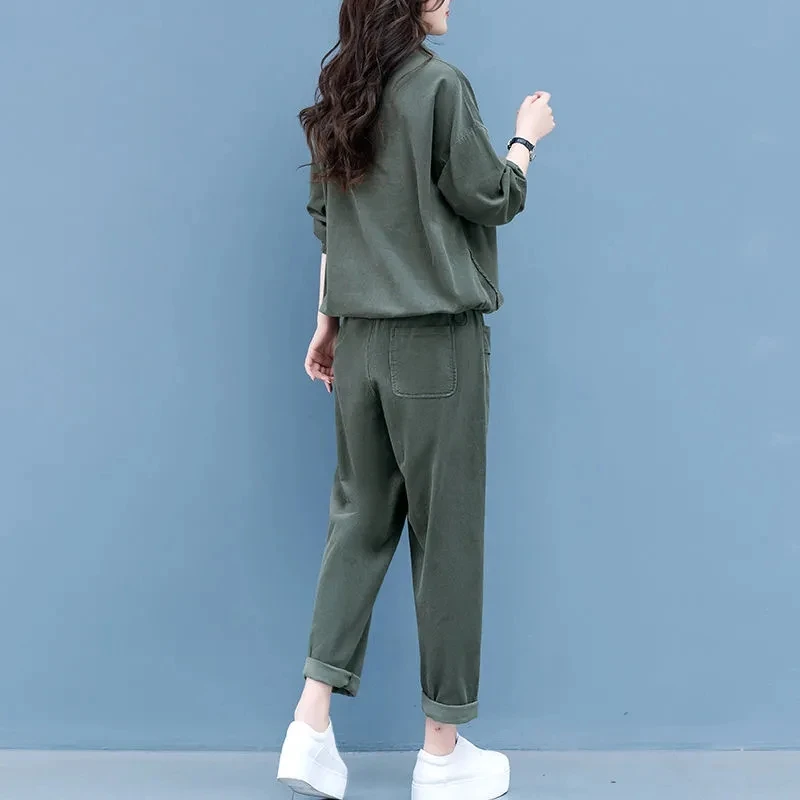 Oversized Women's Suit 2023 Spring Autumn Long sleeved Sweatshirt Sportswear Two-piece Loose Solid Female Casual Clothing Sets