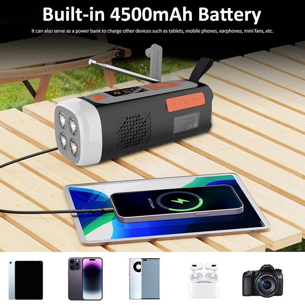 4500mAh Emergency Radio AM/FM/SW Survival Power Bank Phone Charger USB C/Solar/H