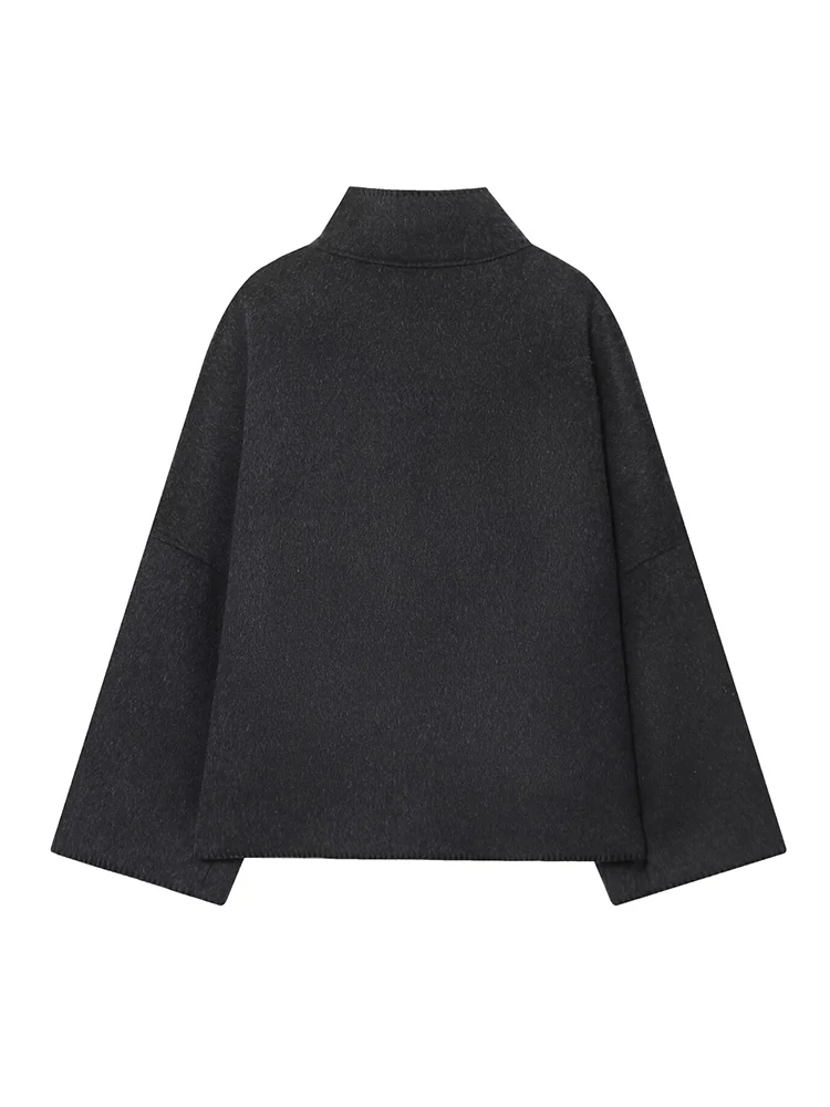 2025 Women Solid Half Turtleneck Coats Elegant Casual Single Breasted Pockets Loose Jackets New Autumn Lady Fashion Outerwear