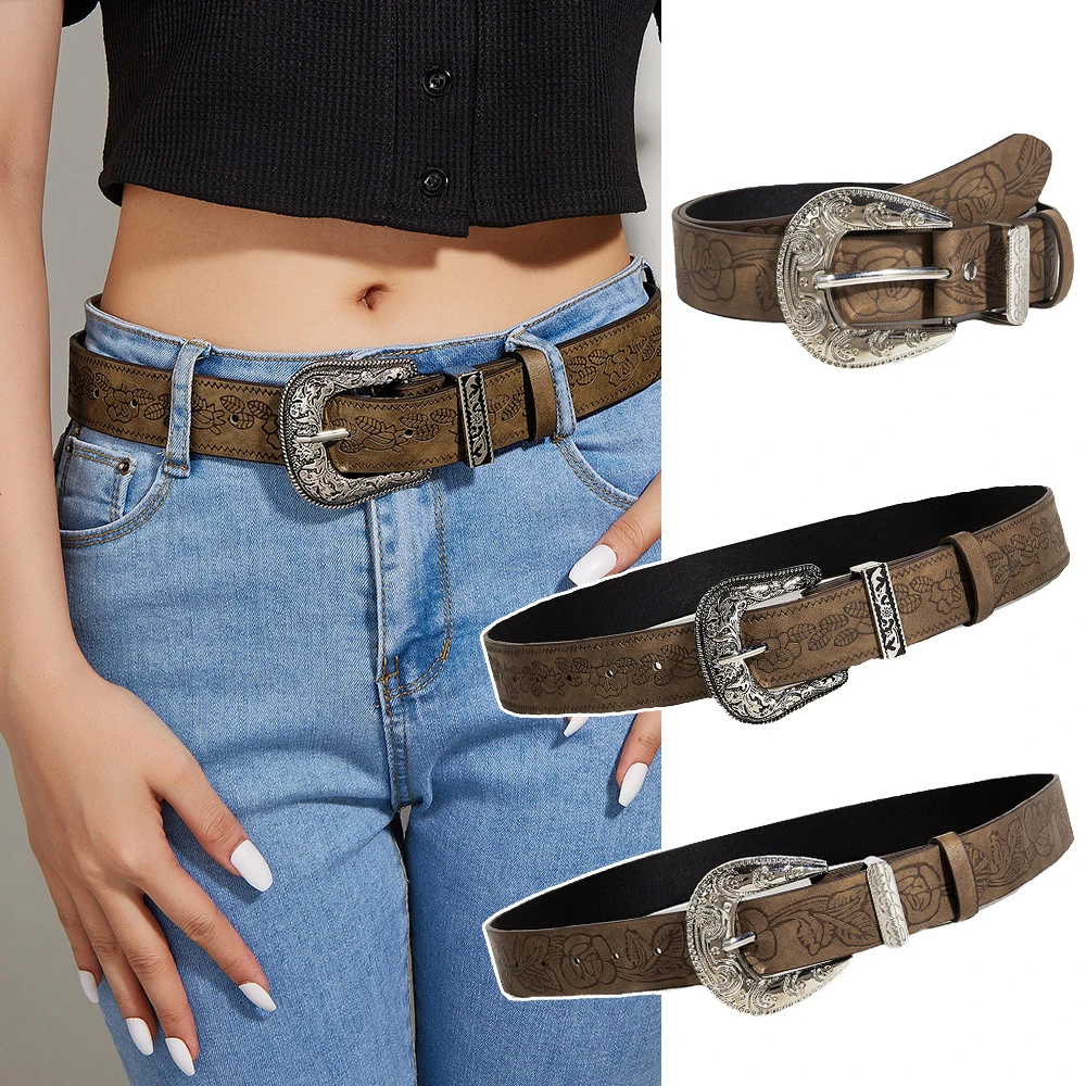 

Brown Texture Waist Belt For Women Metal Big Buckle Belt Carved Pin Buckle Jeans Dresses Decorative Waistband DIY Classic Punk