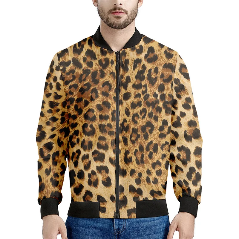 Chaqueta con cremallera y estampado de leopardo colorido para hombre, abrigo con personalidad con estampado 3D, chaquetas casuales de gran tamaño, ropa de calle, mangas largas