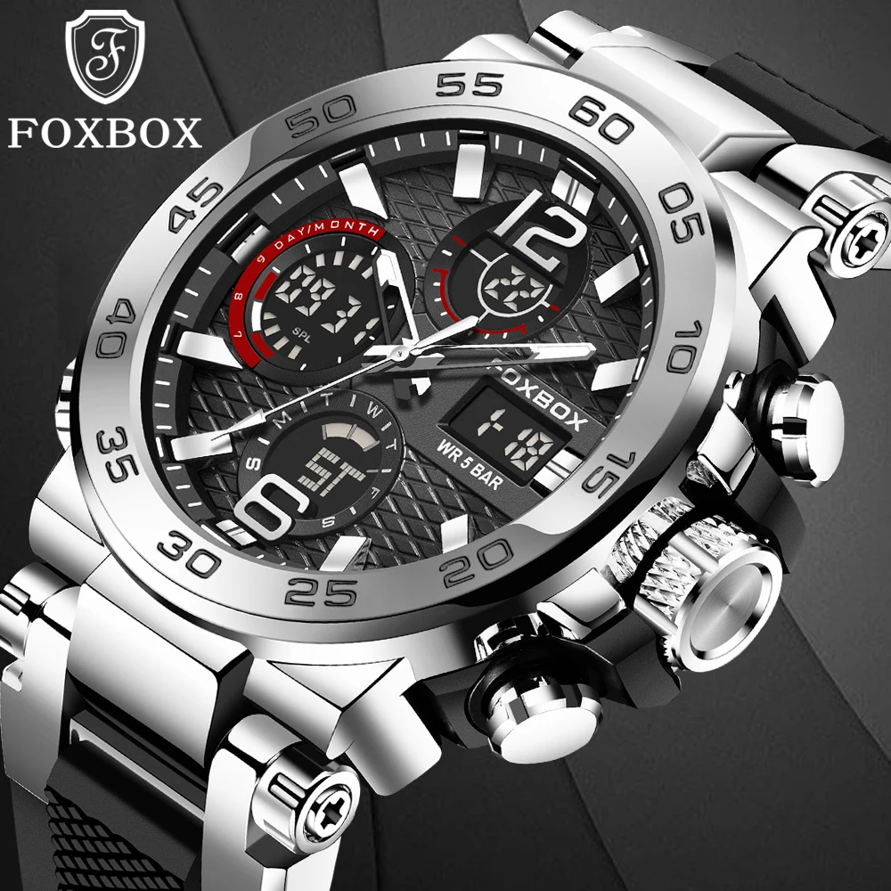 FOXBOX Business Watch Men Fashion Military Sport Men's Digital Watch Silicone Waterproof Luminous LED Chronograph Clock Male