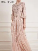 فستان سوسو نسائي بأكمام ثلاثة أرباع مع ترتر وتطريز زهور ، كم ثلاثة أرباع ، نمط ، ملابس خريف عتيقة جديدة ، 1