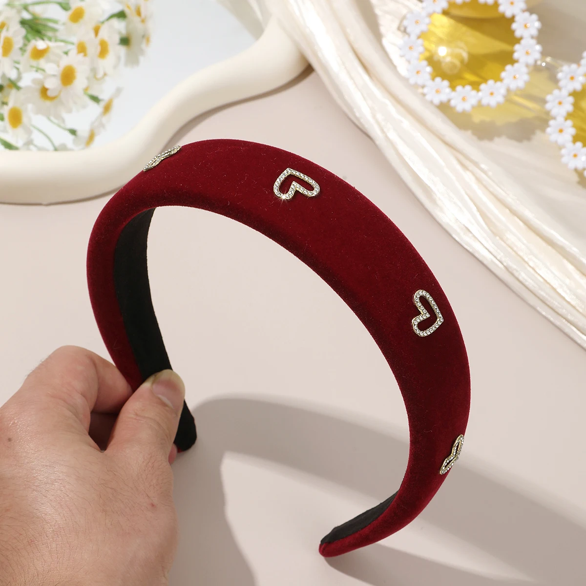 1pc Velvet Heart Shape Rhinestone Headband Lady Girls Hair Hoop Female Casual Shopping Head Wears Fashion Hair Accessories