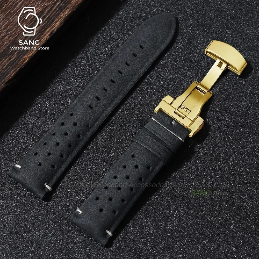 Vintage Brown Leather Strap with Butterfly Buckle - Breathable Business Watch Band Bracelet in Matte Finish