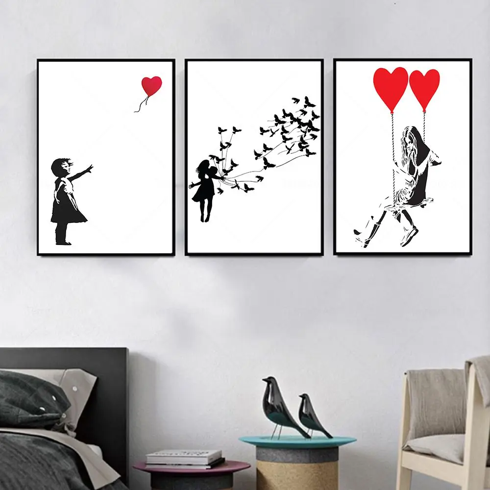 

Banksy Graffiti Poster Abstract Girl With Red Balloon Black White Wall Art Canvas Painting Prints Picture Living Room Home Decor