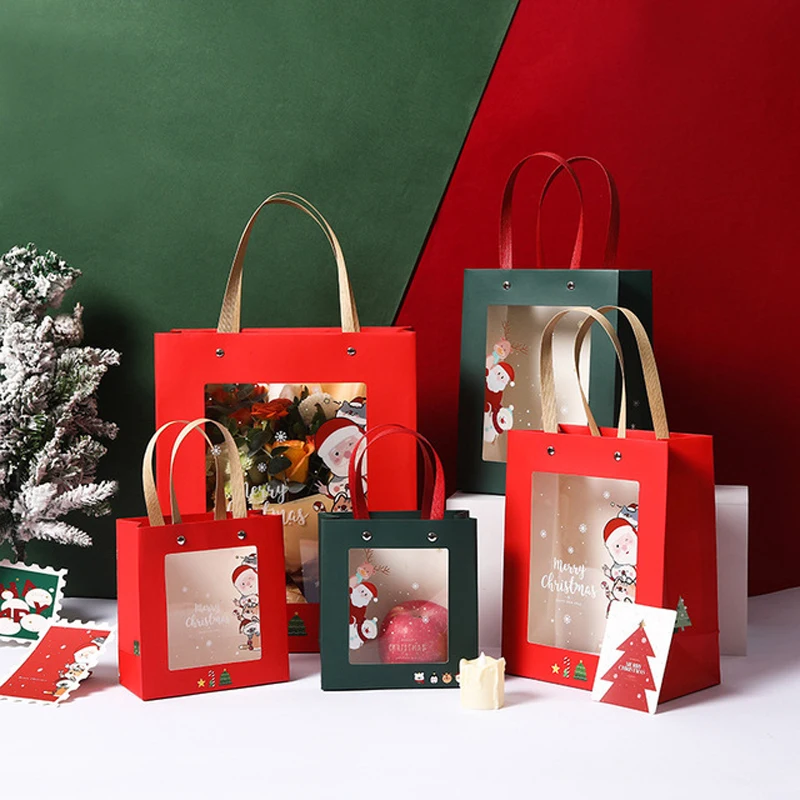 

10pcs Christmas Gift Bags With Transparent Window For Christmas Party Candy Cookie Gifts Packaging Bag Cartoon Handbag