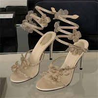 Aneikeh Diamond Flower Snake Shaped Winding Belt High-heeled Sandals Round Toe Exposed Toe Roman Sandals Sandalias Mujer