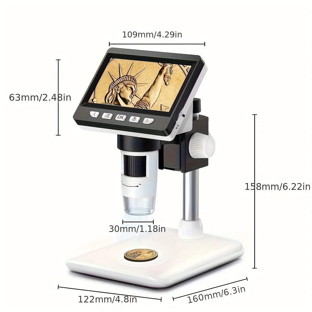 4.3인치 LCD 디지털 현미경, 1000X 배율, 1080P USB 카메라, LED 조명 8개, PC/노트북 호환, 동전 검사 도구
