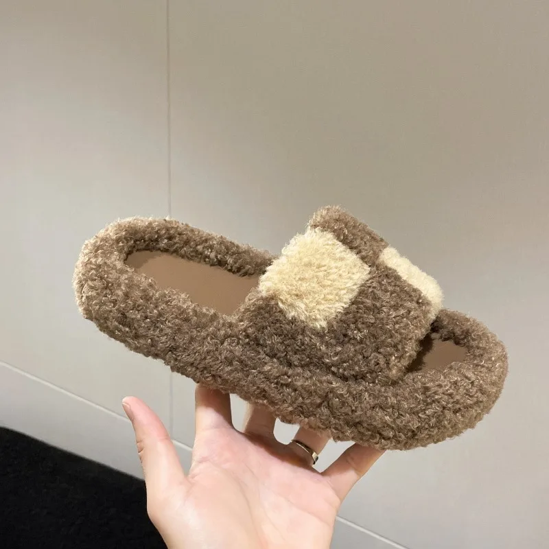 

Thick Fluffy Fur Slippers 2024 New Women Peep Toe House Warm Furry Slippers Women Flip Flops Home Slides Flat Indoor Floor Shoes