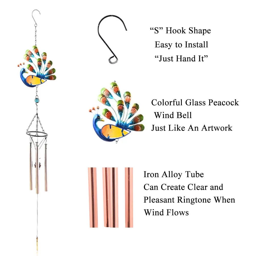 Colorful Peacocks Shape Pendant Bell Wind Chimes Peacock Hanging Wind Chimes Indoor Outdoor Balcony Garden Decor Perfect Gifts