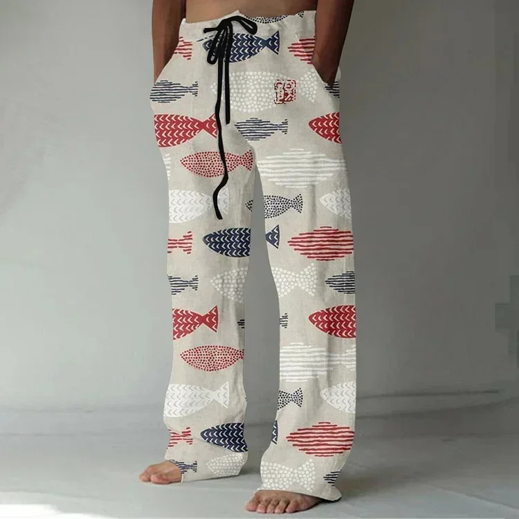 Comfortable drawstring loose men's casual pants personalized pattern printing fashionable simple men's straight pants loose casu 6