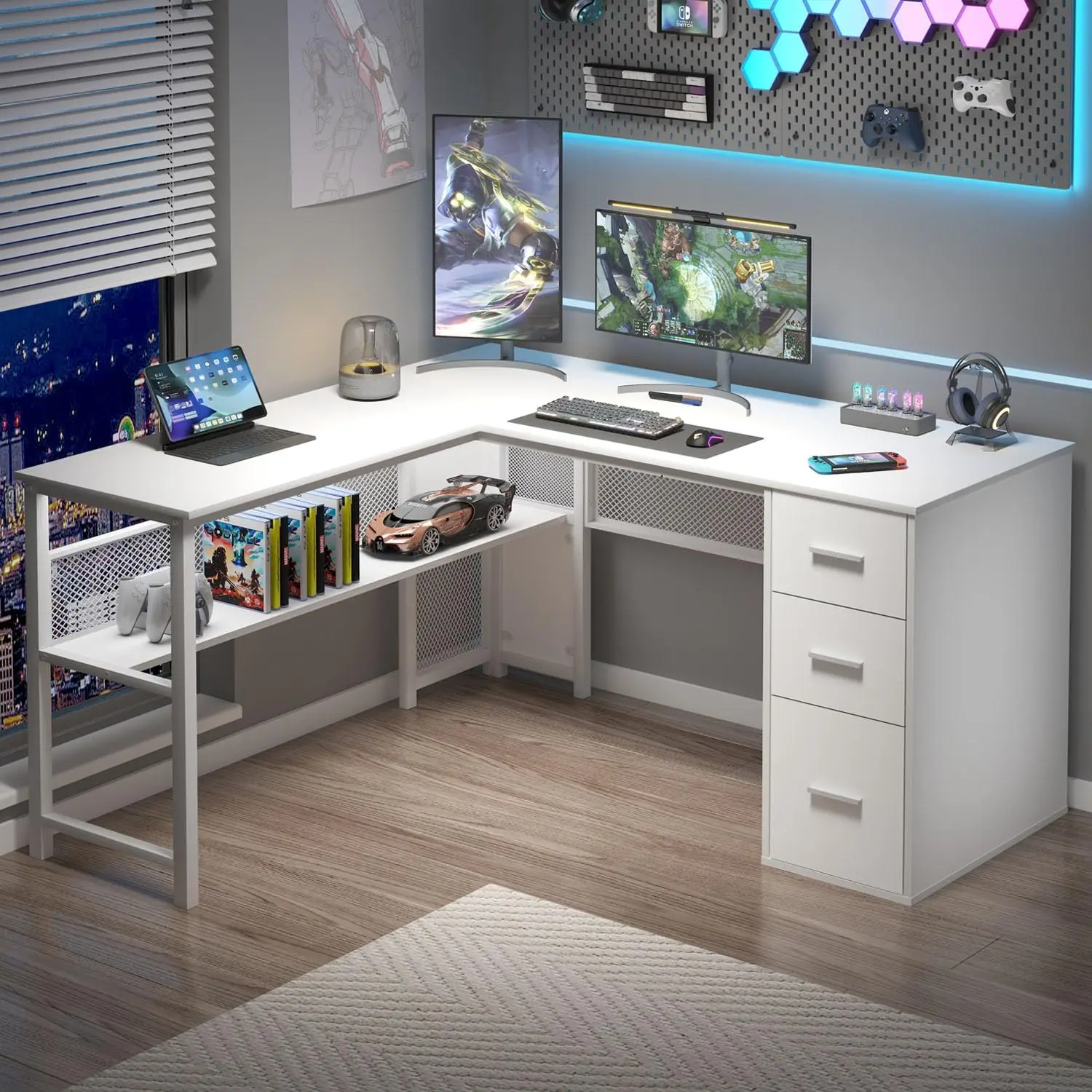 Reversible Modern L-Shaped Computer Desk , Large Wood Metal L Shape Home Office Desk for Work Study Writing Gaming 4