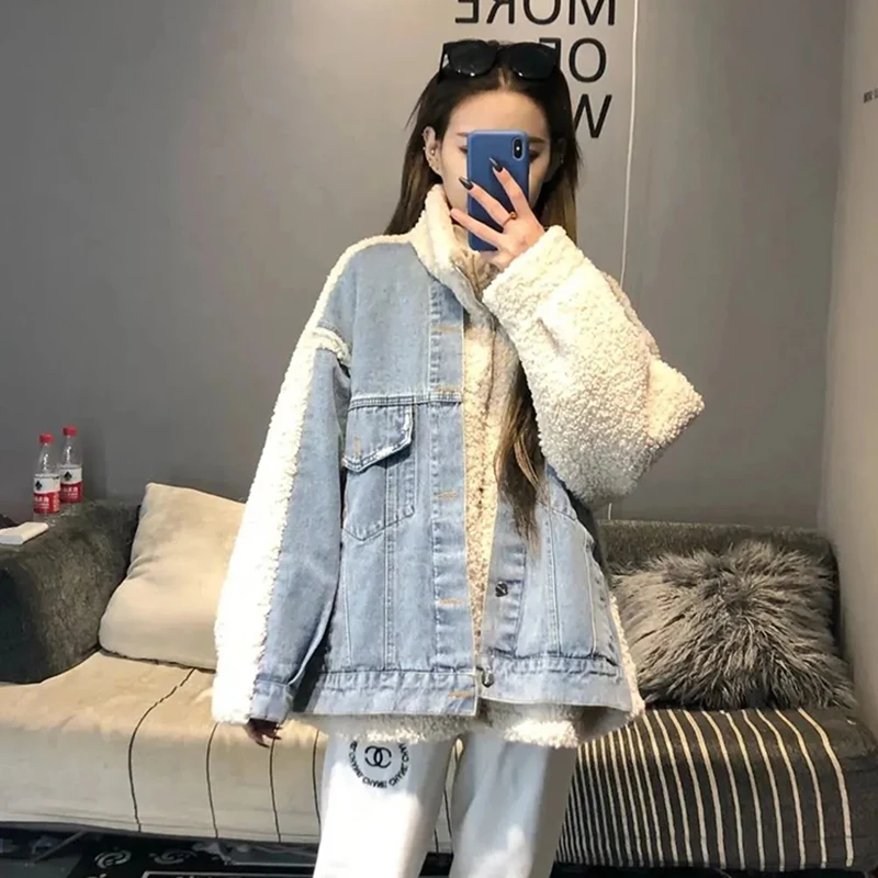 

Autumn Winter Lamb Fleece Splicing Jackets For Women 2022 Solid Color Stand Collar Single-breasted Thick Warm Jackets For Women
