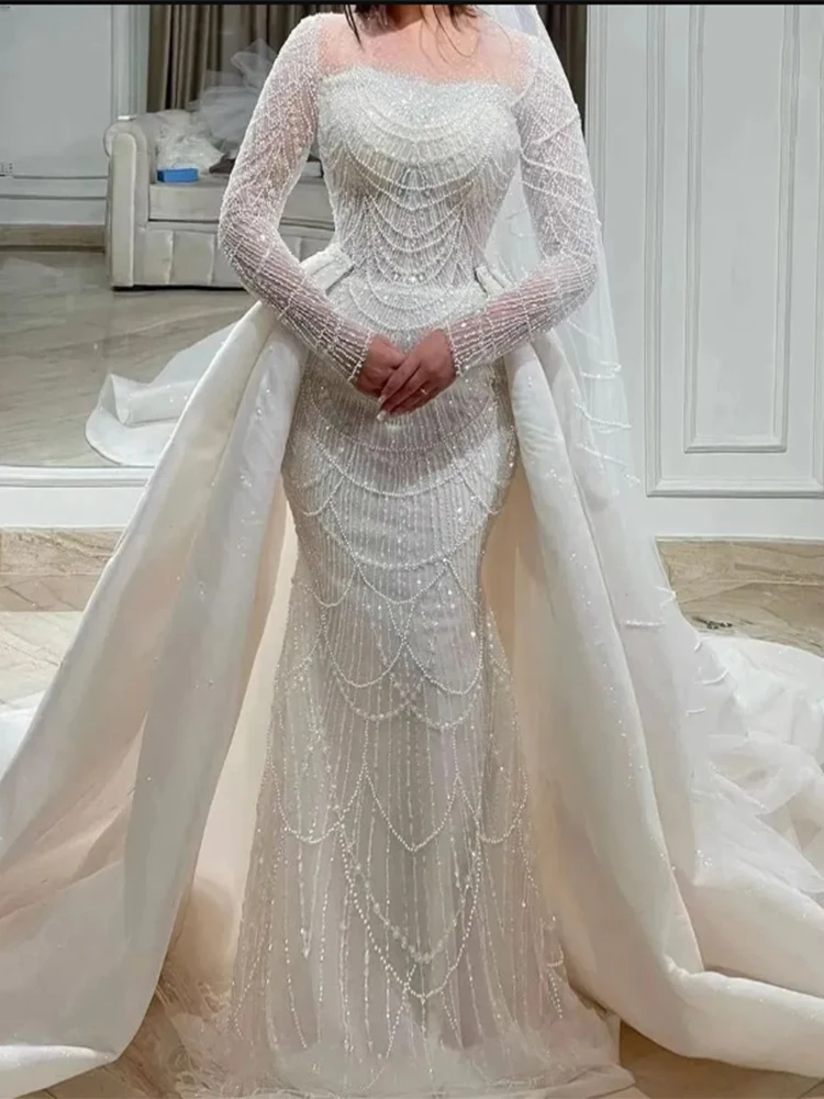 

Sparkly Dubai Mermaid Wedding Dress With Detachable Train Prarls Long Sleeves African Bridal Party Gowns Vestido De Noiva