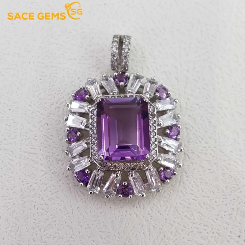 

SACEGEMS 925 Sterling Silver Certified 9*11MM Natual Amethyst Pendant Necklaces for Womne Engagement Cocktail Party Fine Jewelry