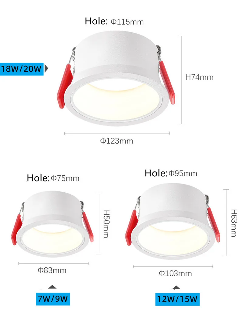 Round Anti-Glare Led SMD2835 Recessed Downlights 7w 12w 15w 18W Dimmable 110v 220v Ceiling Lamp Spotlights For Indoor Lighting