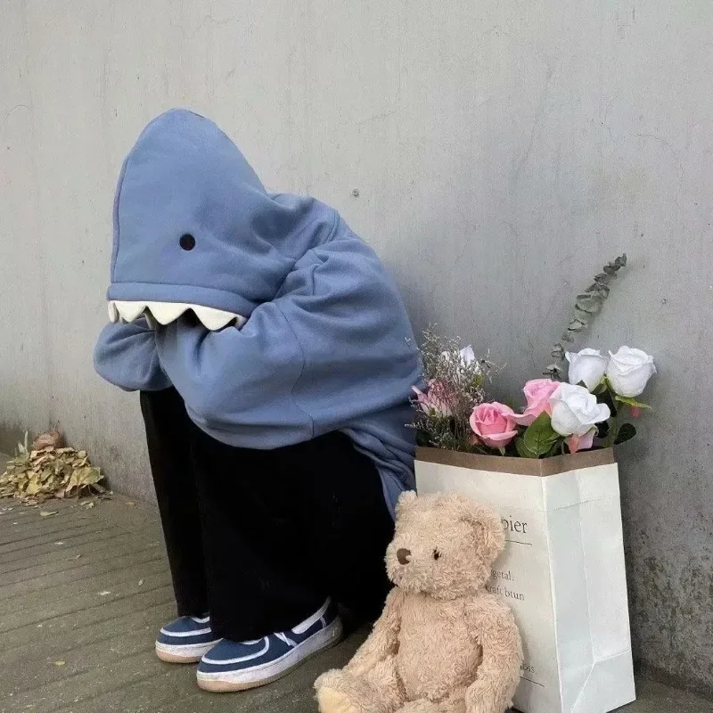 Japanese cute sweatshirt patchwork shark hoodie for men and women autumn kawaii casual long-sleeved pullover couple clothes