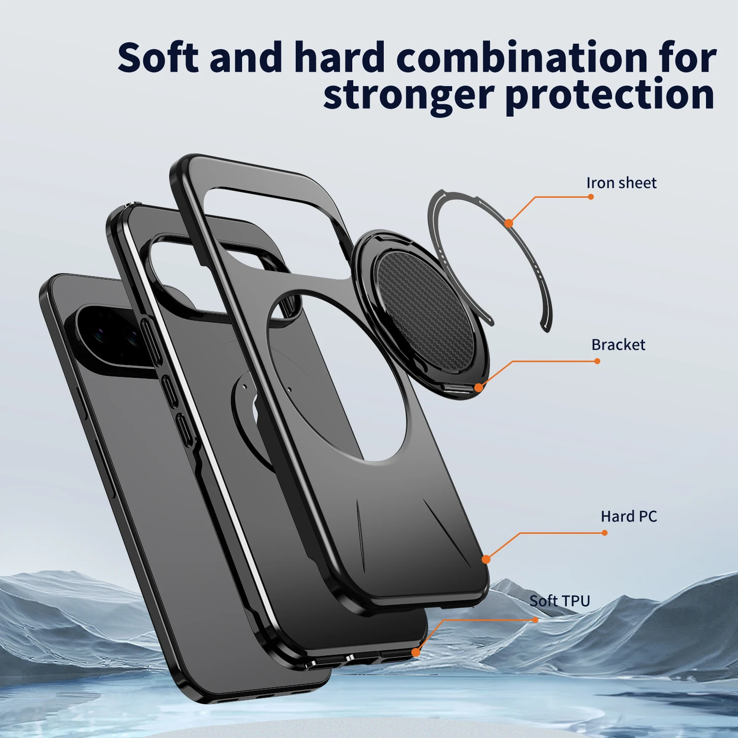 Magnetic Rotating Metal Bracket Shockproof Phone Case with TPU Frame and Plastic Armor