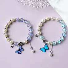 

Korean Fashion Butterfly Pendant Blue Crystal Beaded Bracelets for Women Sweet Splicing Pearl Tassel Bracelet Friendship Jewelry