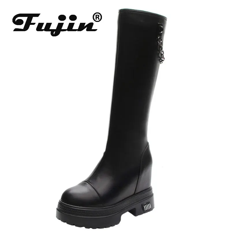 

Fujin 10cm Microfiber Synthetic Mid Calf Knee High Booties Women Chimney Famles Fashion Spring Autumn Ladies Hidden Heels Shoes