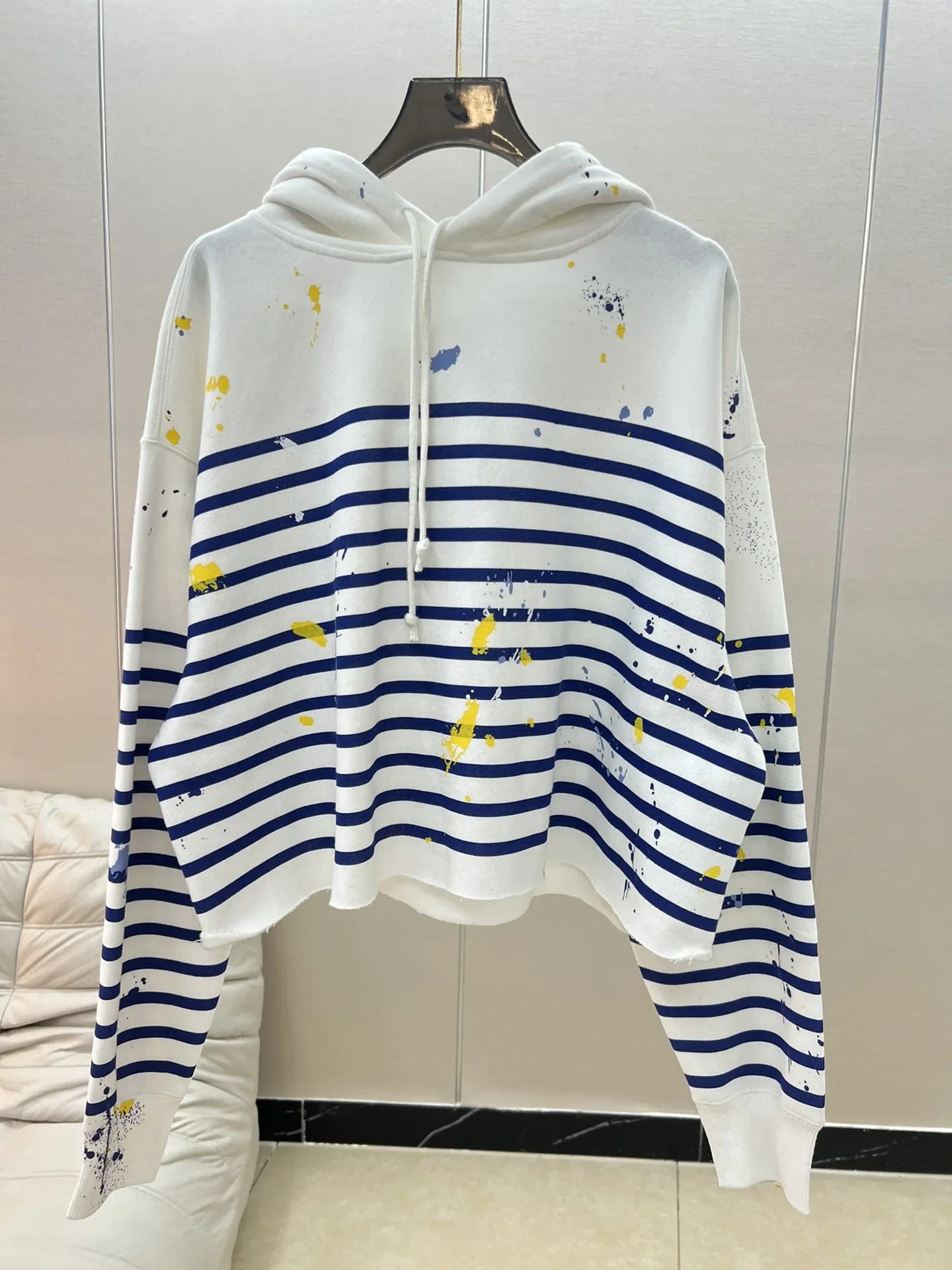 

2024 Spring New In RL Women's Hoodies Niche and Versatile Color Block Striped Hooded Shirts Splashing Print Short Sweatshirts