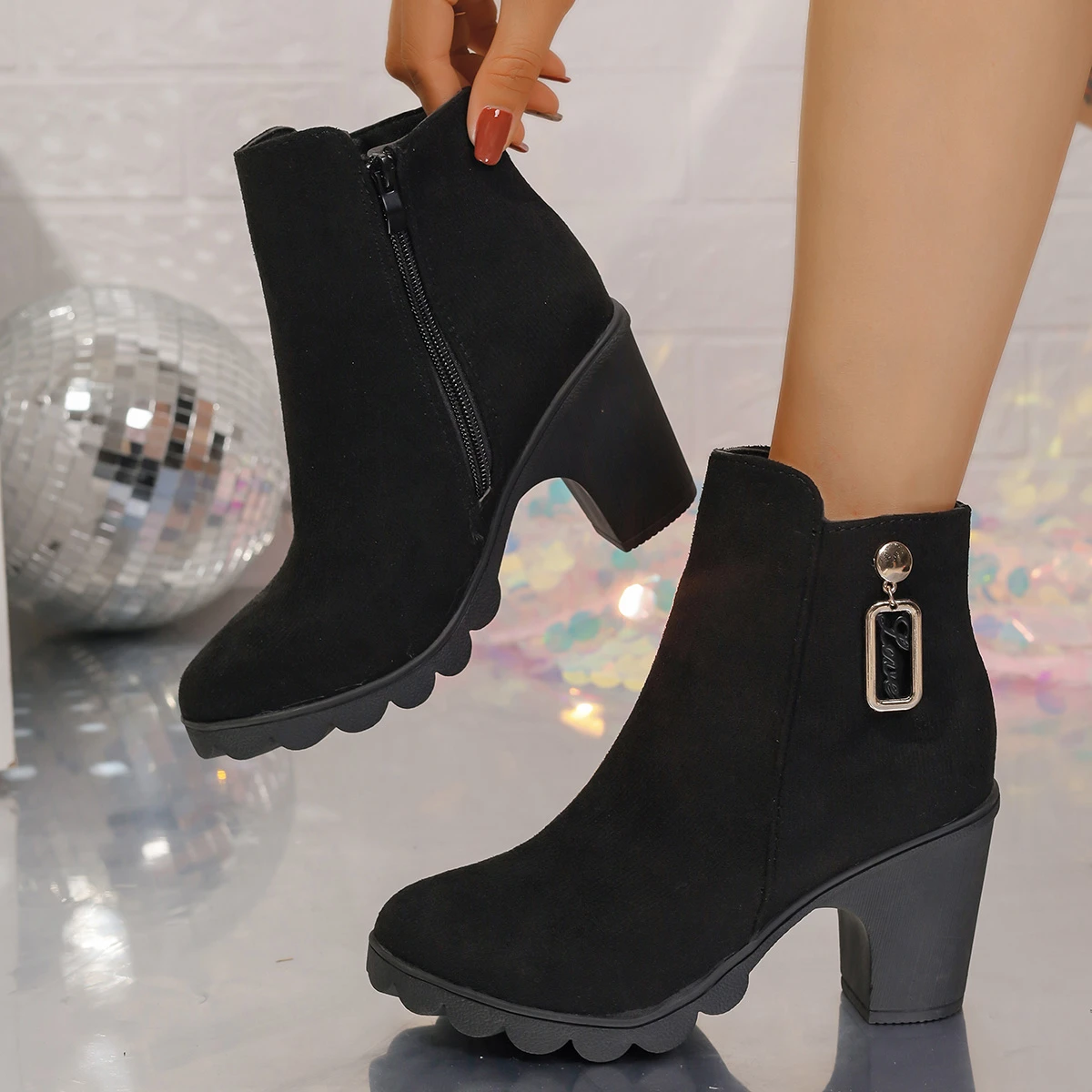 Aphixta 8cm High Heel Black Ankle Boots Buckle Side Zip Women Elegant Platform Lady Footwear Shoes Women Autumn Winter Boots