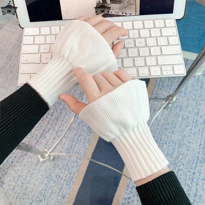 2024 Korean New Half-finger Gloves Female Autumn and Winter Wool Warmth Fingerless Students Touch Screen Thick Knitted Wristband