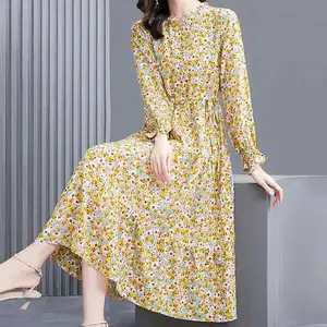 Broken flower dress women autumn 2023 casual o neck middle-aged fashion elegant mother long-sleeved expensive lady dress female