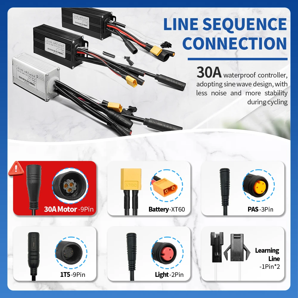 전자 자전거 사인파 방수 컨트롤러 USB 디스플레이 자체 학습 24V/36V/48V 350W/750W/1000W 1T5 2pin 와이어 홀 무료 허브 모터