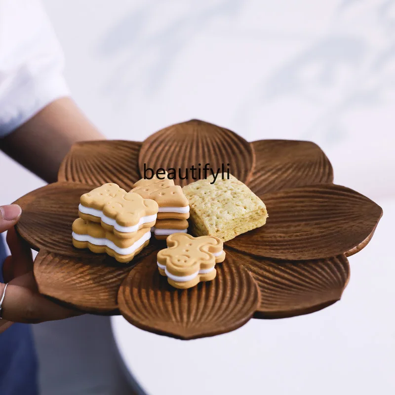 

yj Wooden Tray Japanese Creative Walnut Solid Wood Plate Irregular Whole Wood Lotus Porcelain Plate Hotel Display Plate