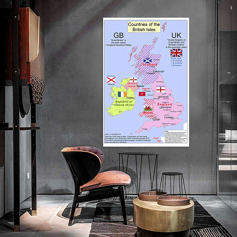 Non-woven Fabric 100x70cm Vertical Version Spray British Map In English Artistic Background Wall Chart Home Decor Room Supplies