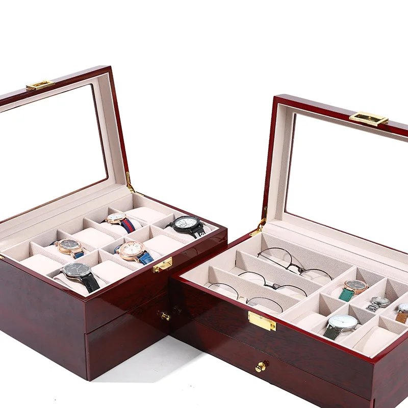 WellZone Eco-Friendly Red Wooden Watch Display Case with Multiple Compartments