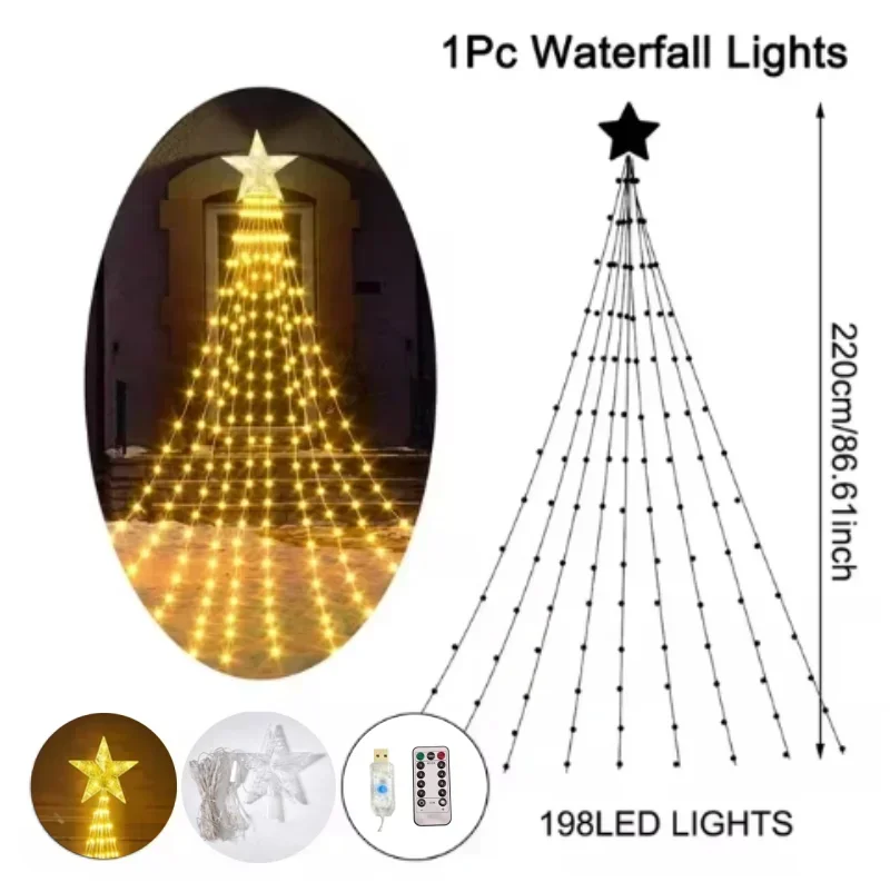 thumbnail image 1 of Christmas Waterfall Fairy String Lights with Topper Star, Christmas Tree Decorations for Home 2024 Navidad Natal New Year 2025, 1 of 5